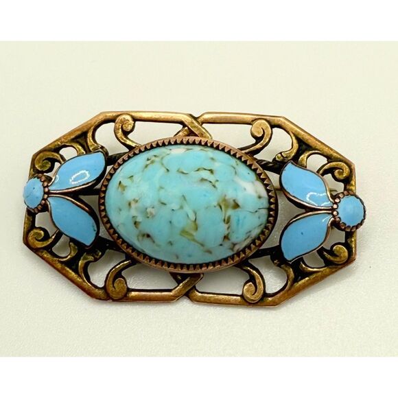 Turquoise brass brooch vintage source unknown - Picture 4 of 13